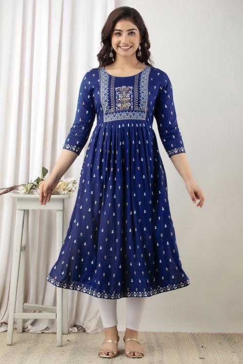 Aanshi FASHION Rayon Printed/Embroidered Naira Cut Kurti (Dark Blue)
