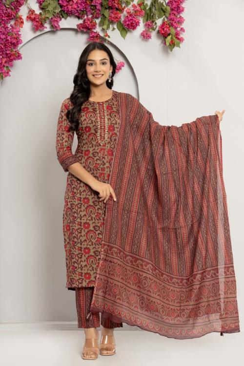 VIBRANCE Cotton Kurta with Pant and Dupatta | Kurta Set for Women - Red (L)