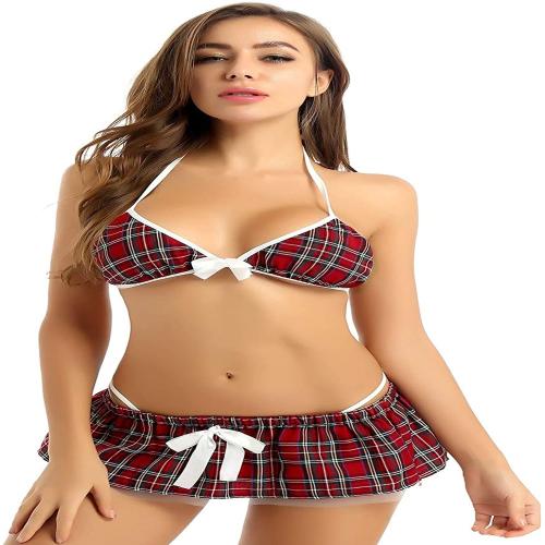 C4D Women's Cotton Sexy Uniform Dress Babydoll Lingerie Mini Skirt Dress (Red_XX-Large)