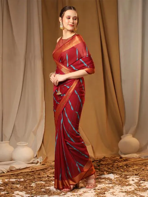 Leeza Store Women's Wine Maroon Chiffon Brasso Trendy Printed Fancy Saree with Running Blouse Piece