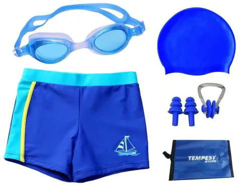 TEMPEST Boy Swimming Kit with 1 Swimming Shorts | Costume | Trunk Swimming 1 Anti Fog Swimming Goggles 1 Silicone Swimming Cap 1 Nose Clip 2 Ear Plugs