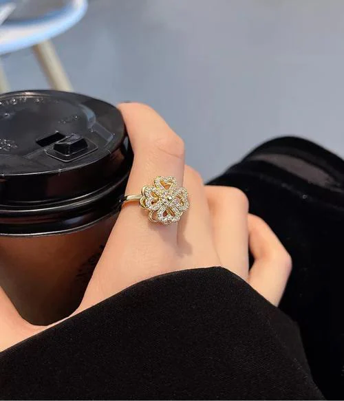Vembley Stylish Gold-plated Adjustable Four Leaf Clover Rotating Ring