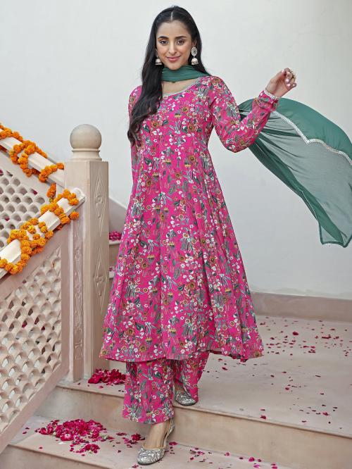 Janasya Women's Pink Georgette Digital Floral Printed Kurta with Palazzo and Dupatta
