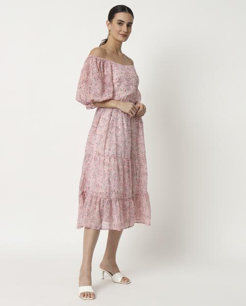 My Swag Women's Pink Color Floral Print latest Georgette Fit & Flare Dress