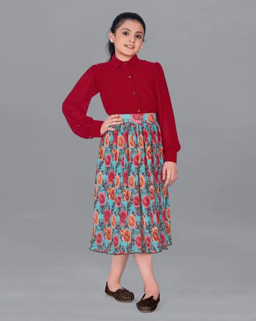 Fashion Dream Girls Red Floral Printed Georgette Top & Pleated Skirt Set | Kids Wear | Girls Top Skirt Set | Girls Clothing Set