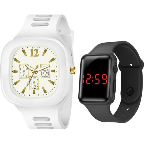 Casera White Square Dial Analog Wrist Watch for Men with LED Digital Watch (Pack of 2)