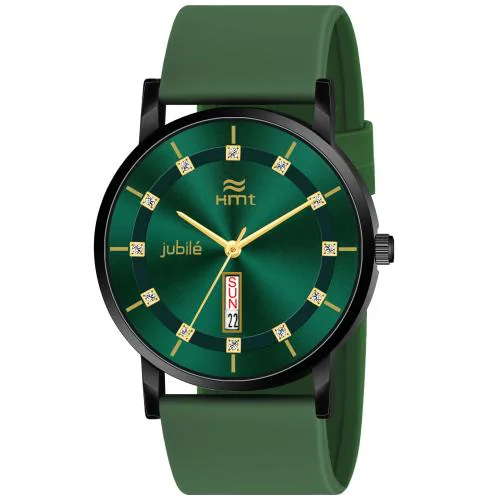 Hamt Silicone Strap Round Day Date Dial Display Wrist Watch for Men | HT-GR318-GRN-GRN