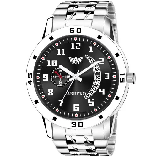 ABREXO, Abx8888-Black Dial Date Working Quartz Mechanism Stainless Steel Silver Chain Wrist Watch for Men
