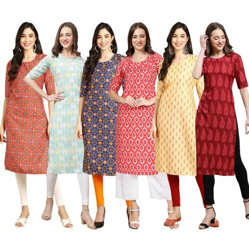 1 Stop Fashion Women's Crepe Digital Print Straight Kurta [Pack of 6] {CCT-365-343-369-346-360-337-XL}