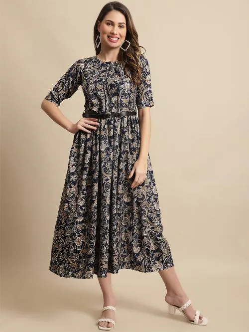 Fabflee Women Multicolor Printed Rayon A-line Dress| Dresses| Women Dress| Party Dress| Maxi| Western Dress| Printed Gown| midi dresses| Dress for Women| Maxi Dress for women