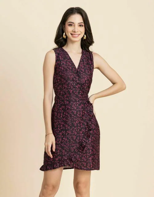 Moomaya Women's Printed Wrap Mini Dress, Sleeveless V-Neck Short Dress