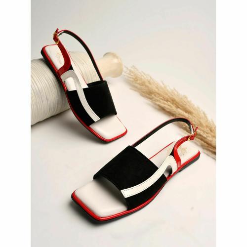 Shoetopia Solid Square Toe Black & Red Flat Sandals For Women & Girls
