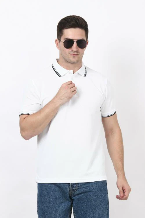 Forest Club Dull Drifit Matty Export White Solid Polo T-shirt with Black Tipping, Size - M(38)