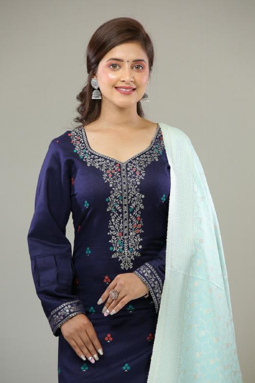 TZARINA Women Kurta Trouser Dupatta Set | SHAHEEN NAVY BLUE WITH SKY BLUE|