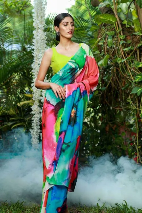 PYOS Women Multicolor Digital Print Georgette Saree