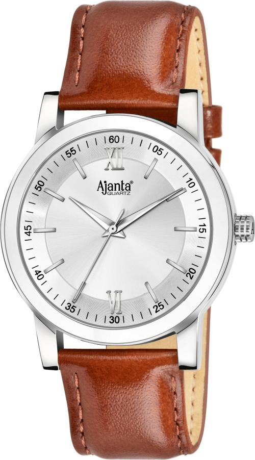 Ajanta Quartz Analog Silver Dial Brown Strap Watch For Men