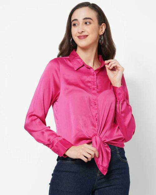 Papa Brands Women Pink Solid Satin Shirt