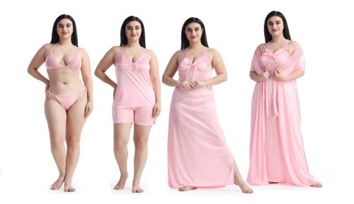 Night keys Women's Satin Plain/Solid Baby Pink Nightwear & Nighties Set Pack of 6(Free size)