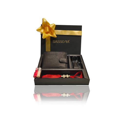 Sassora Black Genuine Leather Men's Wallet, Keychain and Rakhi Combo Set