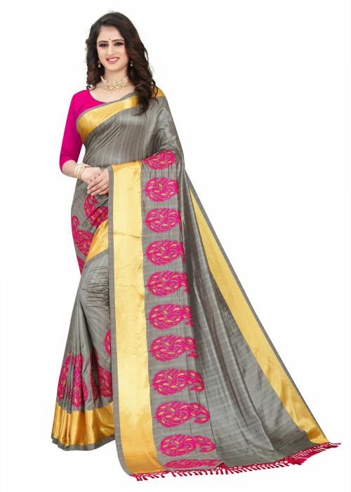 VBHP FASHION BAHUBALI Silk Saree Embroidery work for Women's with Blouse Piece-Grey
