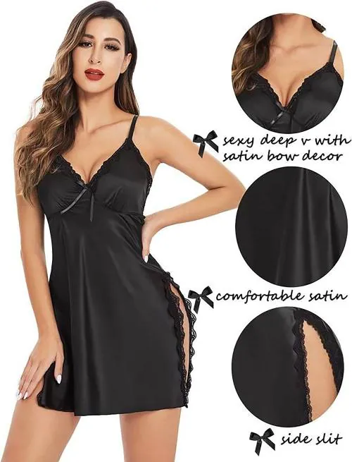 Samvar Women Net Lace Self-Design Baby Doll Nighties Black