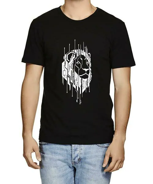 Caseria Men Black Data Lion Printed Graphic Cotton T-Shirt (L)