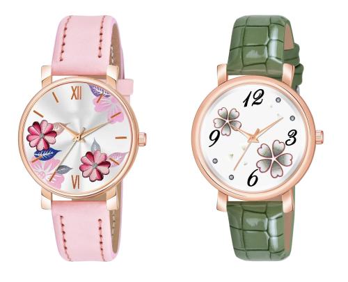 KIARVI GALLERY Analogue Round Dial Dual Flower Stylish Premium Leather Strap Watch for Girls and Women (Pack of -2, Pink-Green)