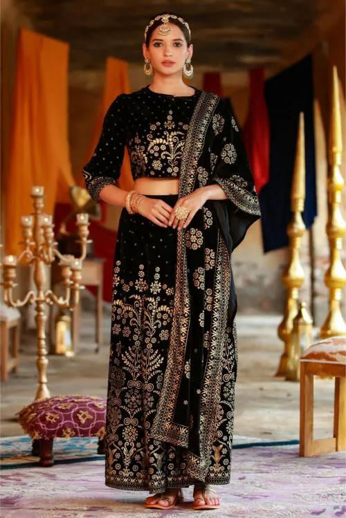 Juniper Women Black Velvet Printed Lehenga, Choli & Dupatta Set.