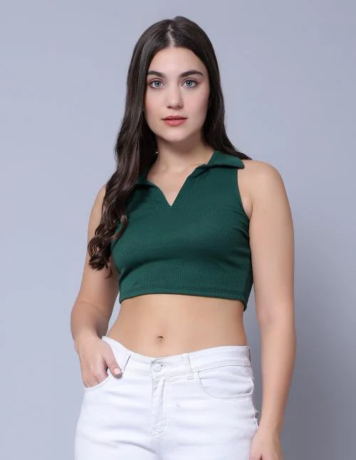 DIAZ Women's Polo Collar Sleevesless Crop Top Rib Knit Tank|Women's Solid Ribbed Crop Tank Tops|Sleeveless Tops for Women