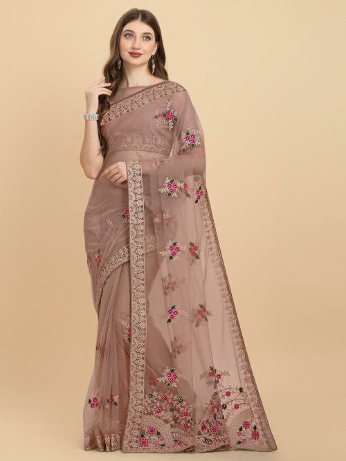 IRIS Women Nude Embroidered Net Saree With Blouse