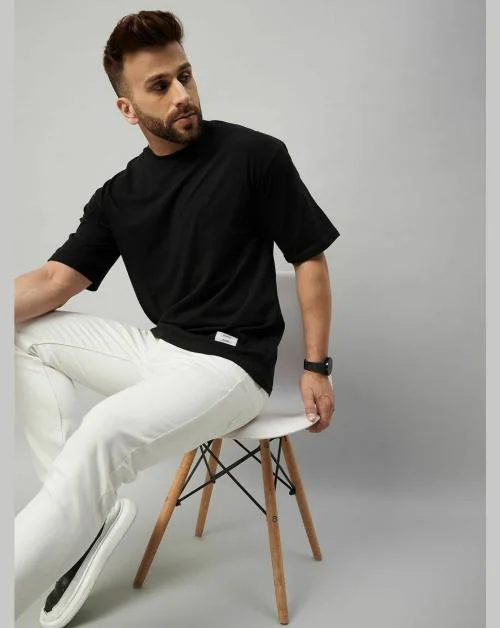 Gritstones Men Black Half Sleeve Oversized Cotton Solid T-Shirt