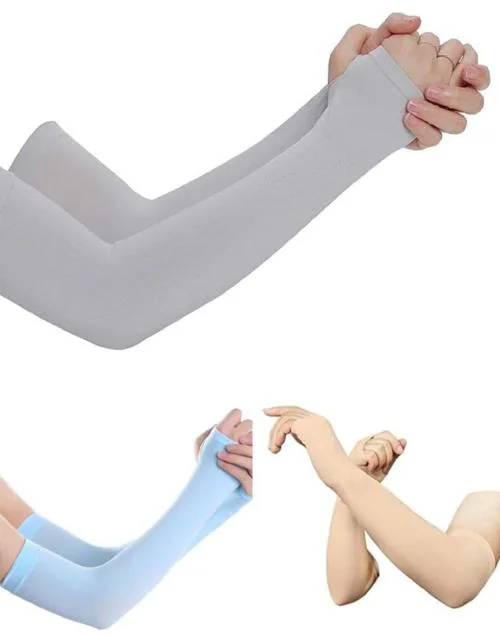 TENDSY Arm Sleeve Cooling or Warmer Sleeves UV Protection for Men Women Kids Sunblock Protective with Thumb Hole for Biking Gardening Fishing Hiking Running - Pack of 3 -Blue,Skin and Grey