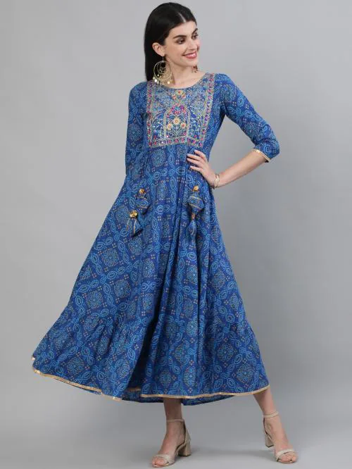 Kimayra Blue Womens Pure Cotton Printed Flared Kurta