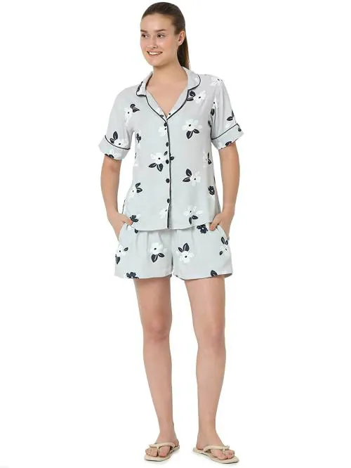 Smarty Pants Women Floral Grey Cotton Shorts and Shirt Night Suit (Pack of 1)