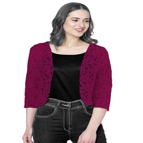 Akido 3/4th Style Cotton Net Short Floral Design Shrug for Women & Girls For both Regular and Formal Wear (Maroon)