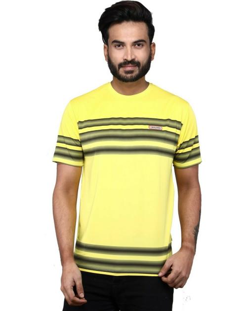 Carltron Men Yellow Striped Poly Cotton T-Shirt