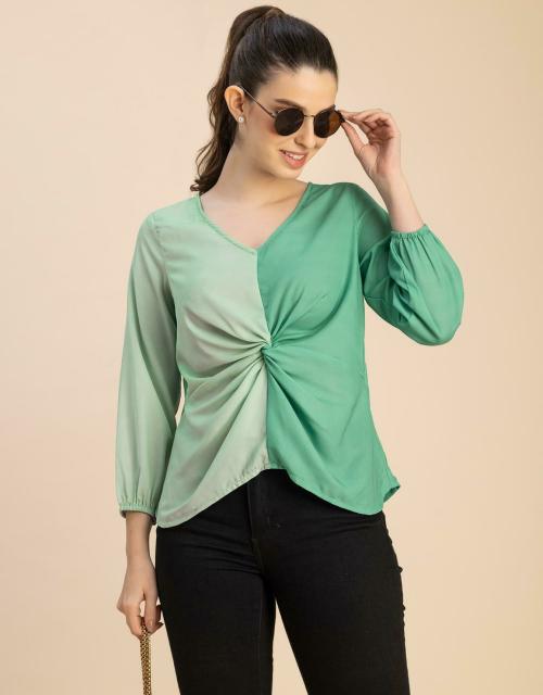 Moomaya 3/4 Sleeve Bishop Sleeves V Neck Regular Fit Solid Georgette Women's Top
