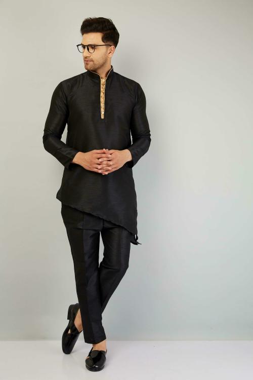 Benstitch Men Black Solid Dupion Silk Kurta Pant Set (L)