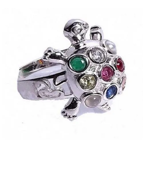 CEYLONMINE Silver Plated Tortoise Genuine Navratan (Kachua Ring)