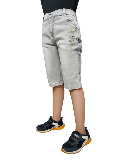 DUPER Boys Regular fit, Half Elastic Waistband, Stretchable Cotton Denim, Light Faded, Casual, Below Knee Length, 3/4 Shorts for Kids Boys (Silver Grey, 10-11 Years)