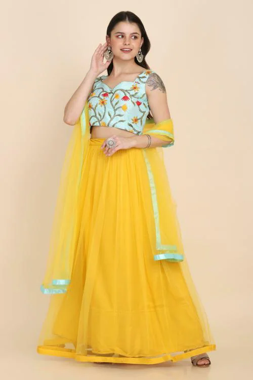 ATSEVAM Women Free Size Yellow Self Design Net Lehenga Choli Set