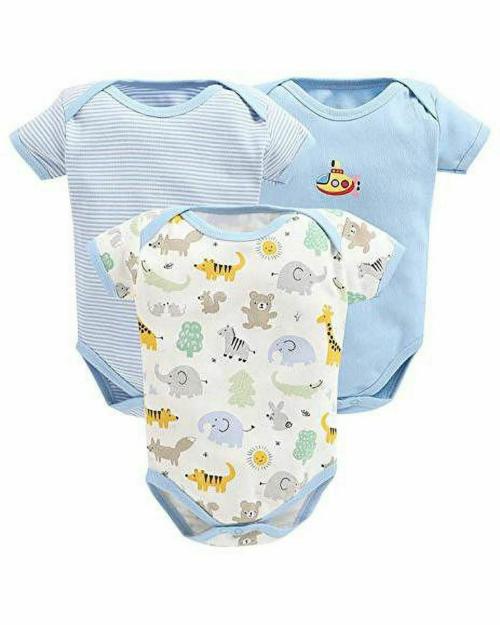 MM IMPEX Baby Boys and Girls Light Blue Graphic Print, Striped Cotton Blend (Pack of 3) Romper 9-12 MONTHS| Rompers |Sleepsuits | Jumpsuit |Body suits
