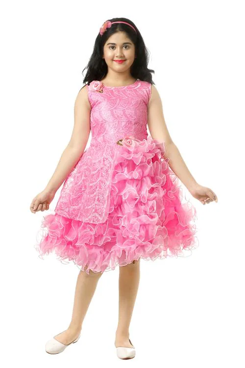 Yashvi Trends Net Party Wear Pink Frock Dress Girls