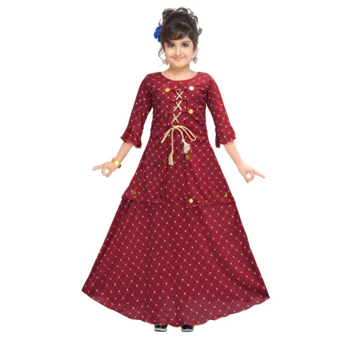 4YOU DRESSES Beautiful Maroon Color Stretch Cotton Sarin Fabric Fit & Flare Maxi Frock for Girls