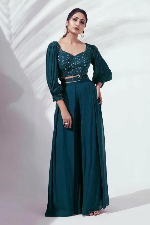 SANCIA Women Georgette Ethnic Top Palazzo Set For Women & Girls | Ethnic Wear For Women | Indian Dress For Women | Kurta Set With Dupatta | Floral Embroidered Kurta (Teal) (M)