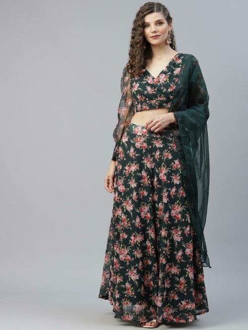 Dark Green & Red Floral Printed Lehenga Choli With Organza Dupatta