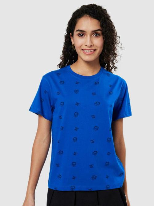 Bewakoof Women's Conversational Blue Short Crew Neck T-shirt