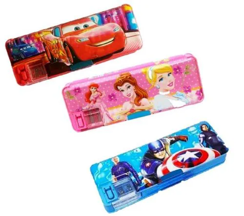Jellify (Combo of Car 24 , Barbie, Avengers Pencil Box ) Pencil Box or Geometry, with Sharpener, Double Sided Stationary Box for Girls & Boys Art Plastic Pencil Box (Random Design )