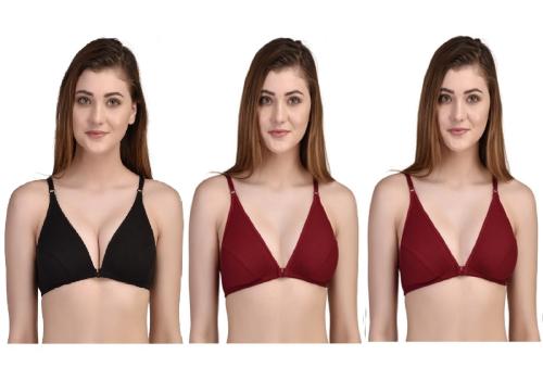 Zourt Poly Cotton B Cup Front Open Bra Set of 3 Black-Maroon-Maroon