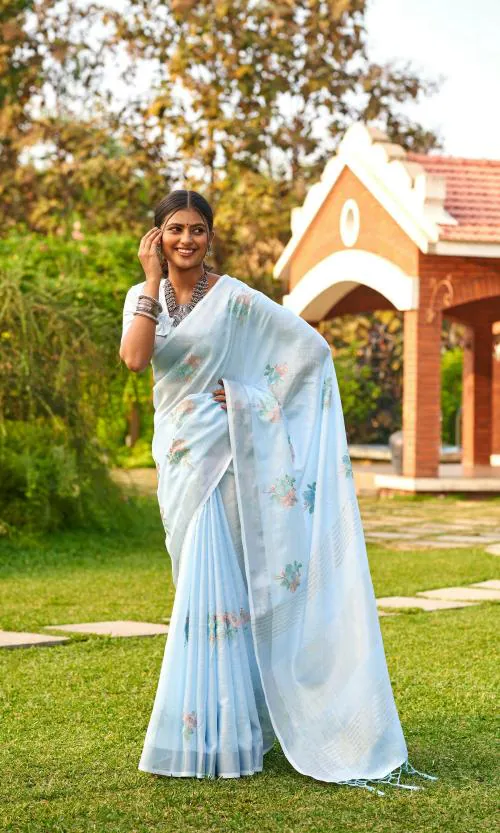 Rekha Maniyar Women's Pastel Thread Embroidery Work Linen Silk Sky Blue Saree With Blouse Piece